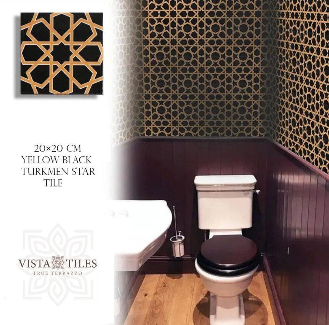 20x20 cm Yellow Black Turkmen Star tile, 1 sqm2 (10 sqf ) ,set of 1 m2 ,25 pcs Unique turkish tiles,relief tile,