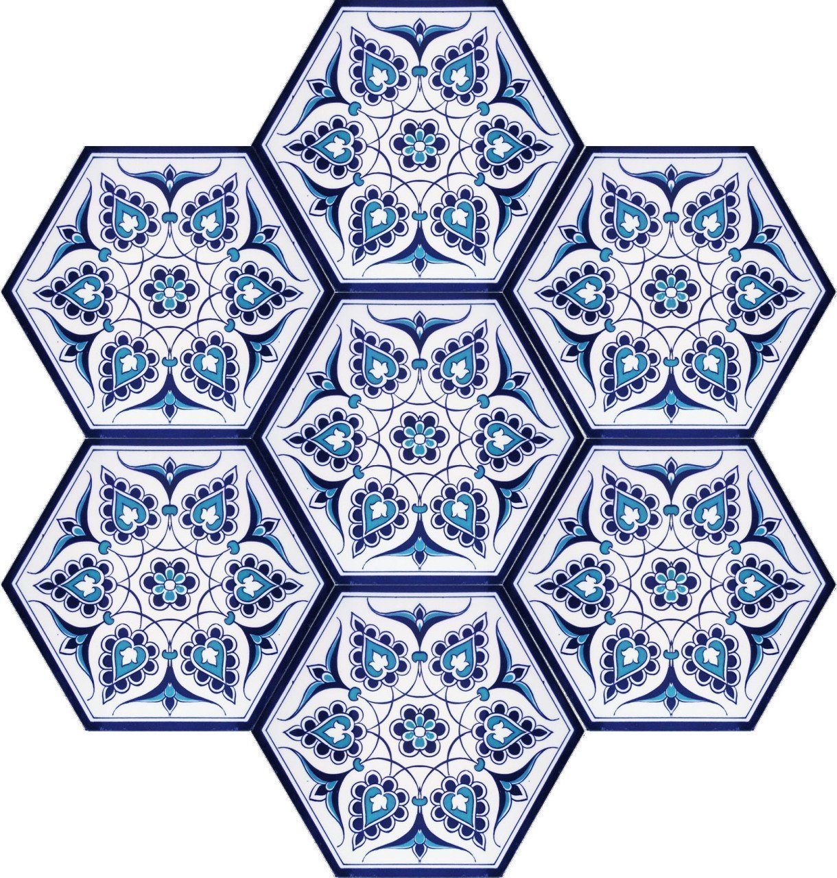 21×23 cm Iznik Patterned Hexagonal Tile Tile ,Ottoman Seljuk tiles,Bathroom Tiles, Kitchen Tile, 4x pcs Turquoise Ceramic Tile