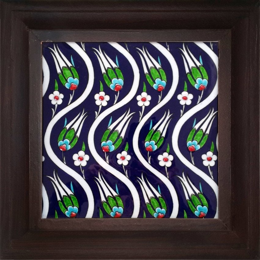 Cobalt Ivy Tulip Kütahya Tile Board,Decorative tiles,ottoman art tile,Accent Tiles Board, Decorative Living Room Tiles,decor gifts